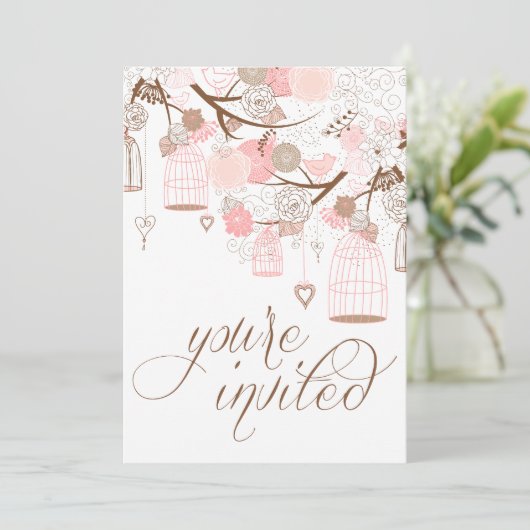 Roze bloemen Harten & Birdcages Weddenschap Kaart (Staand voorkant)