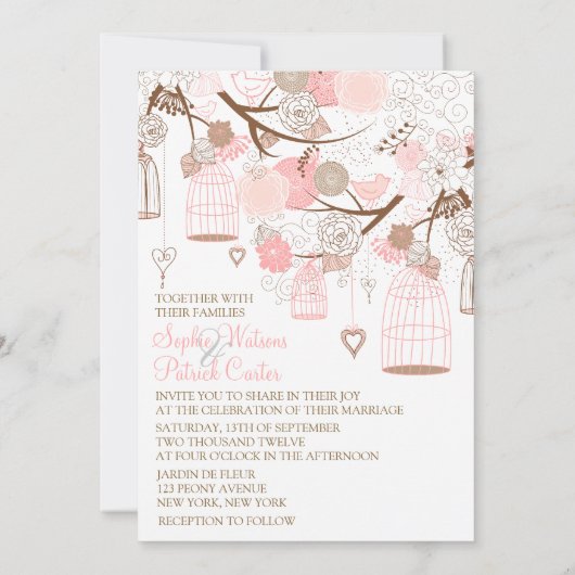 Roze bloemen Harten & Birdcages Weddenschap Kaart (Achterkant)