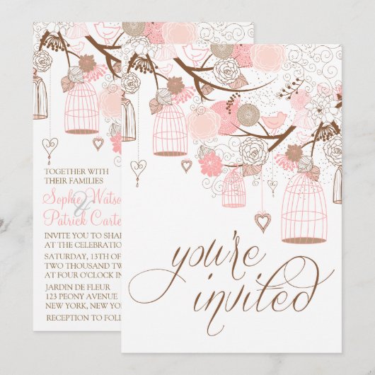 Roze bloemen Harten & Birdcages Weddenschap Kaart (Voorkant / Achterkant)