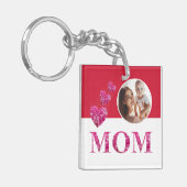 Roze Bloemen Harten "MOM" Lettering Foto Rood Wit Sleutelhanger (Voorkant Links)