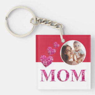 Roze Bloemen Harten "MOM" Lettering Foto Rood Wit Sleutelhanger