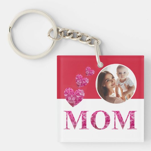 Roze Bloemen Harten "MOM" Lettering Foto Rood Wit Sleutelhanger (Voorkant)