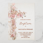Roze bloemen Heilig Kruis Doop Folie Uitnodiging (Voorkant)