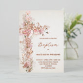 Roze bloemen Heilig Kruis Doop Folie Uitnodiging (Staand Voorkant)