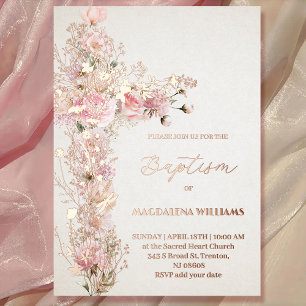 Roze bloemen Heilig Kruis Doop Folie Uitnodiging