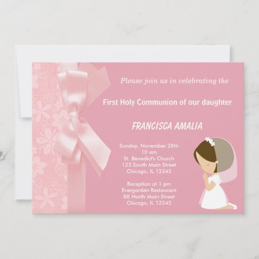 Roze Bloemen Heilige Communie Kaart (Voorkant)