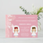 Roze Bloemen Heilige Communie Tweeling Kaart (Staand voorkant)