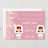 Roze Bloemen Heilige Communie Tweeling Kaart (Voorkant / Achterkant)