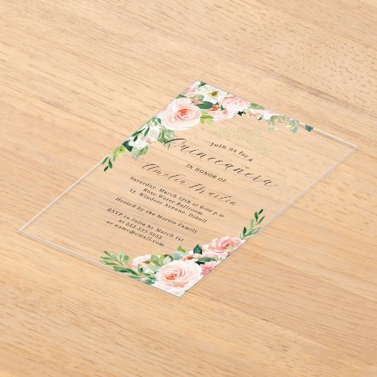 Roze Bloemen Heldere Acryl Bloemen Quinceanera Acryl Uitnodigingen (Laagn)