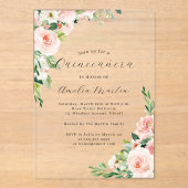 Roze Bloemen Heldere Acryl Bloemen Quinceanera Acryl Uitnodigingen (Voorkant)