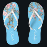 Roze bloemen heldere blauwe bruiloft teenslippers<br><div class="desc">De flops bevat roze bloemen illustratie op een felblauwe achtergrond en een klassieke trouwwoordtypografie. Dit mooie paar elegante teenslippers zou een mooi iets blauw zijn voor een lente- of zomerbruiloft. ♥ pas het met jouw tekst aan door de gebieden van de sjabloon te gebruiken. Als u de lettertypestijl, kleur of...</div>