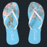 Roze bloemen heldere blauwe bruiloft teenslippers<br><div class="desc">De flops bevat roze bloemen illustratie op een felblauwe achtergrond en een klassieke trouwwoordtypografie. Dit mooie paar elegante teenslippers zou een mooi iets blauw zijn voor een lente- of zomerbruiloft. ♥ pas het met jouw tekst aan door de gebieden van de sjabloon te gebruiken. Als u de lettertypestijl, kleur of...</div>