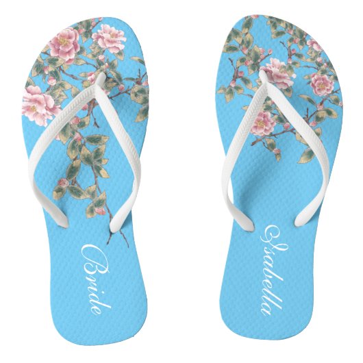 Roze bloemen heldere blauwe bruiloft teenslippers (Voetbed)