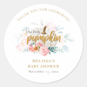 Roze Bloemen Herfst Pompoen Meisje Baby shower Ronde Sticker