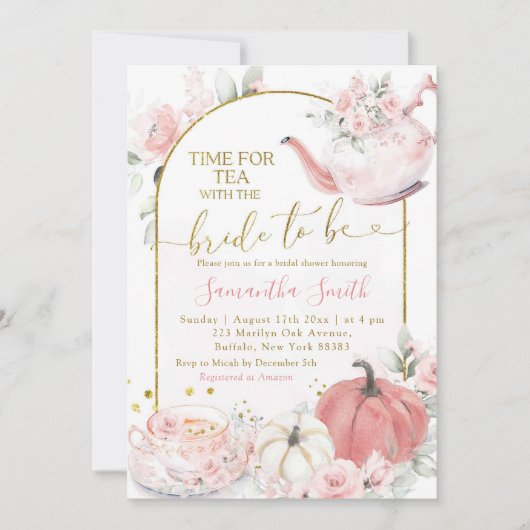 Roze Bloemen Herfst Pompoen Vrijgezellenfeest Thee Kaart (Voorkant)