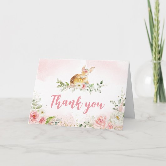 Roze Bloemen Herten Baby shower Bedankkaart (Voorkant)