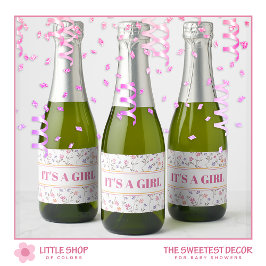 Roze Bloemen Het is een Meisje Baby shower Sparkling Wijnetiket