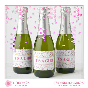 Roze bloemen - Het is een meisje Baby Shower Sparkling Wijnetiket