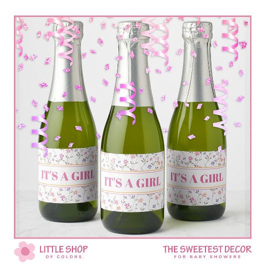 Roze Bloemen Het is een Meisje Baby shower Sparkling Wijnetiket