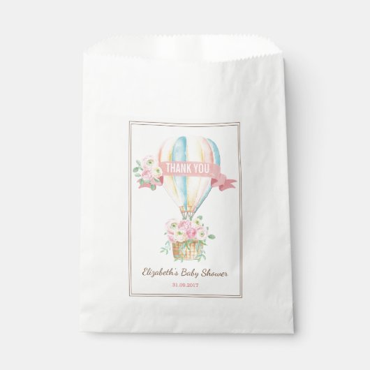 Roze Bloemen Hete Luchtballon Adventure Baby showe Bedankzakje (Voorkant)