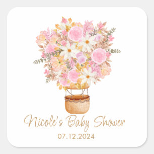 Roze Bloemen Hete Luchtballon Baby shower Vierkante Sticker