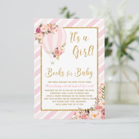 Roze Bloemen Hete Luchtballon Breng een Boek Kaart (Staand voorkant)