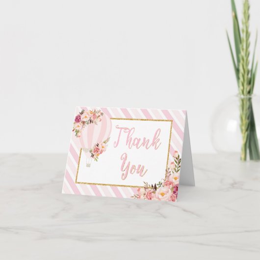 Roze Bloemen Hete Luchtballon Dank u kaart (Voorkant)