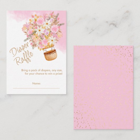 Roze Bloemen Hete Luchtballon Luier Raffle Informatiekaartje (Voorkant / Achterkant)