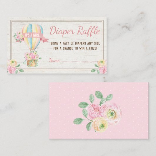 Roze Bloemen Hete Luchtballon Luier Raffle Ticket Informatiekaartje (Voorkant / Achterkant)