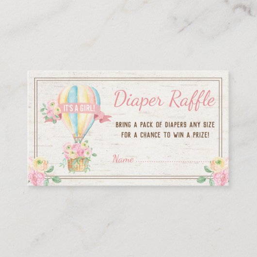 Roze Bloemen Hete Luchtballon Luier Raffle Ticket Informatiekaartje (Voorkant)