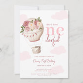 Roze Bloemen Hete Luchtballon Onederful 1e Verjaar Kaart (Voorkant)