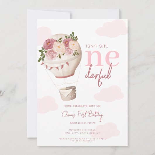 Roze Bloemen Hete Luchtballon Onederful 1e Verjaar Kaart (Voorkant)