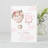 Roze Bloemen Hete Luchtballon Onederful 1e Verjaar Kaart (Staand voorkant)
