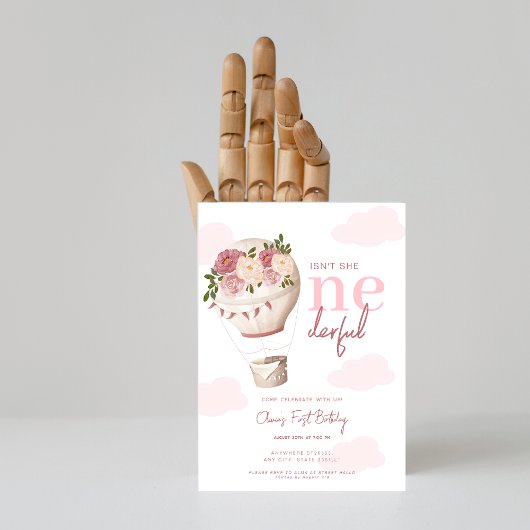 Roze Bloemen Hete Luchtballon Onederful 1e Verjaar Kaart