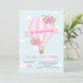 Roze Bloemen Hete Luchtballon Verjaardag Uitnodigi Kaart (Staand voorkant)