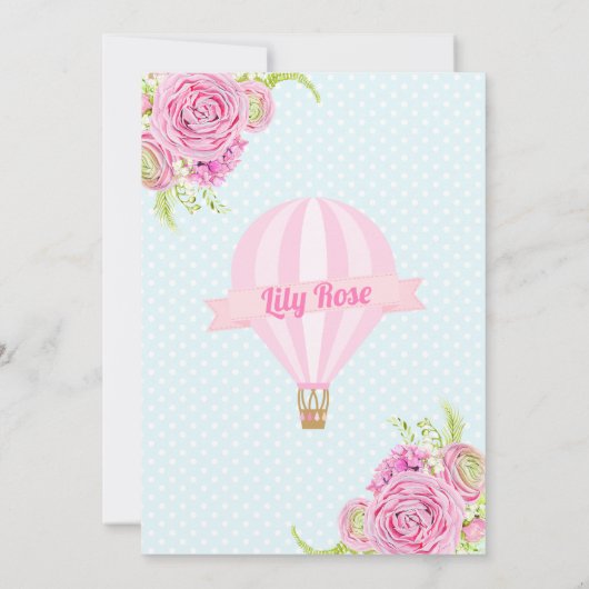 Roze Bloemen Hete Luchtballon Verjaardag Uitnodigi Kaart (Achterkant)