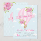 Roze Bloemen Hete Luchtballon Verjaardag Uitnodigi Kaart (Voorkant / Achterkant)