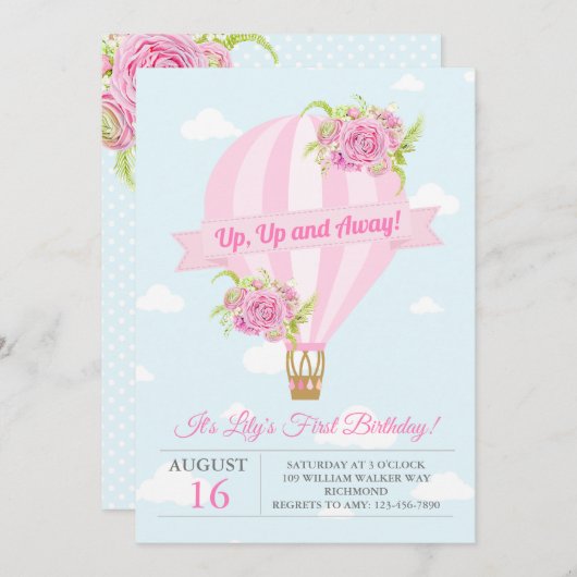 Roze Bloemen Hete Luchtballon Verjaardag Uitnodigi Kaart (Voorkant / Achterkant)