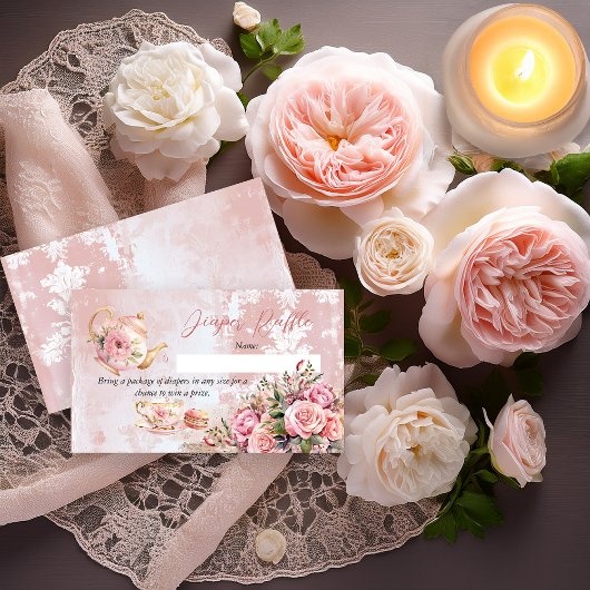 Roze Bloemen High Tea Baby shower Luier Raffle Informatiekaartje