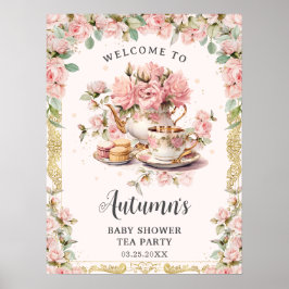  Roze Bloemen High Tea Baby Vrijgezellenfeest Poster
