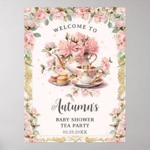 Roze Bloemen High Tea Baby Vrijgezellenfeest Poster