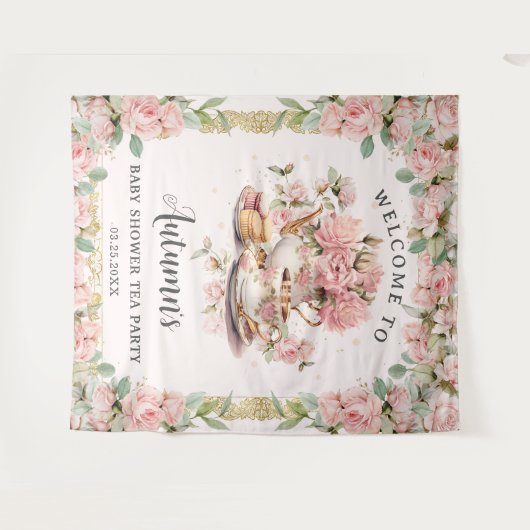  Roze Bloemen High Tea Baby Vrijgezellenfeest Wandkleed (Voorkant (horizontaal))