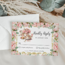  Roze Bloemen High Tea Party Baby Bridal RSVP Kaartje