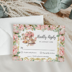  Roze Bloemen High Tea Party Baby Bridal RSVP Kaartje