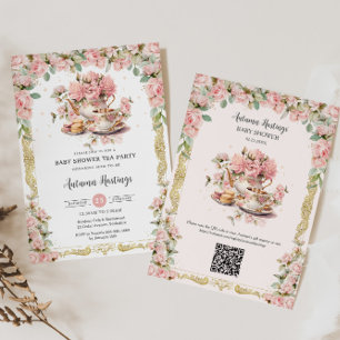  Roze Bloemen High Tea Party Baby shower Kaart