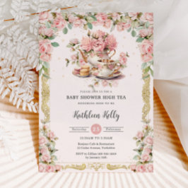  Roze Bloemen High Tea Party Baby shower Kaart
