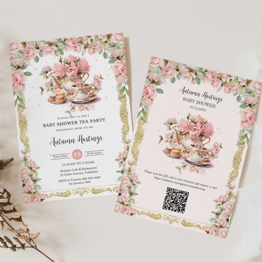 Roze Bloemen High Tea Party Baby shower Kaart