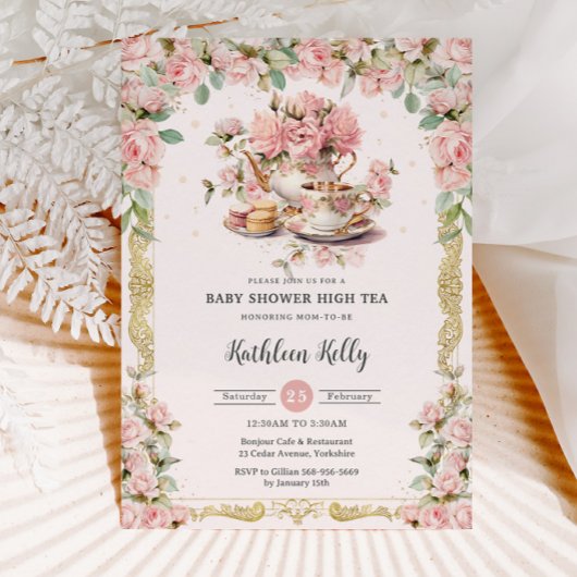 Roze Bloemen High Tea Party Baby shower Kaart