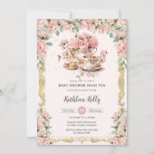 Roze Bloemen High Tea Party Baby shower Kaart (Voorkant)