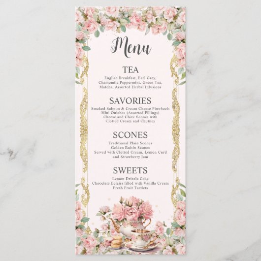 Roze Bloemen High Tea Party Bruids Verjaardag Baby Menu (Voorkant)